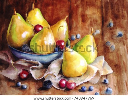Still life of ripe yellow juicy pears, blackberries, blueberries and cherries, lying on a wooden surface in a blue cup, decorated with a cloth. Painted with watercolor hands