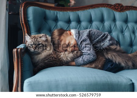 Similar – Image, Stock Photo Little boy and cat taking selfie with mobile phone on bed
