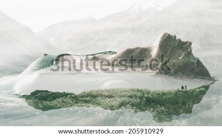 Double exposure portrait of seductive woman combined with photograph of lake surrounded with mountains. Add some creativity to your project!