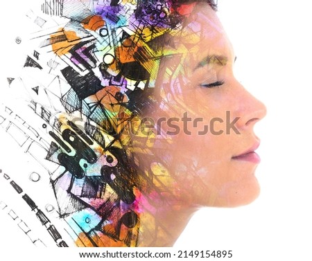 Similar – Image, Stock Photo Conceptual portrait of a woman amidst dark foliage, showing the concept of depression and isolation