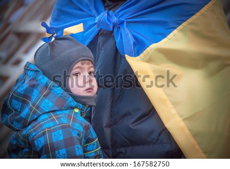 Ukraine, Kiev (Kiyv) December 14, 2013. A child in support of the European Union. Protest against President Yanukovych, who didn\'t sign the contract between the European Union and Ukraine.