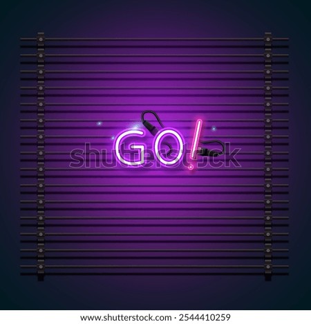 Go text font with neon light. Luminous and shimmering haze inside the letters of the text Go. Go neon sign.