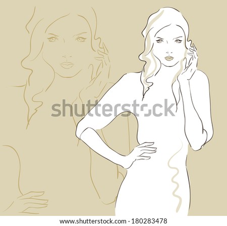 Beautiful fashion woman in sketch style vector illustration. Raster version