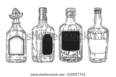 Vector Bottles With Strong Alcohol. Hand Drawn Whiskey And Tequila In ...