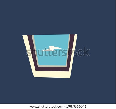 Blue cloudy sky through modern square ceiling window. Modern retro design in a attic. Roof or ceiling window.