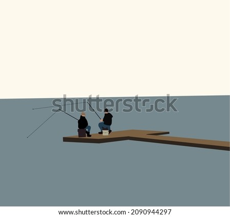 Male friends fishing with rod sitting on the wooden pier during the morning light on the lake. Leisure and people concept. vector illustration.