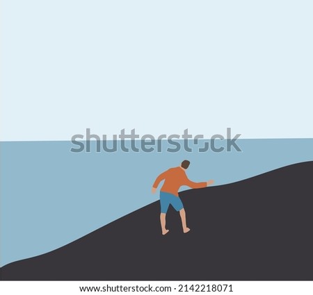 Man standing on beach and playing throwing a pebble stones into water. Cartoon flat vector illustration.