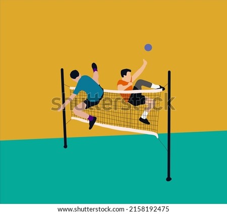 People playing traditional asian sport game sepak takraw in court. Vector Illustration.
