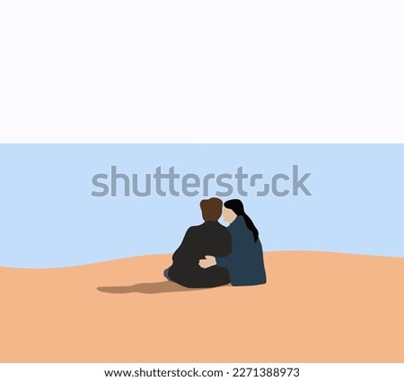 Romantic couple sits hugging on a tropical beach enjoys their vacation time. Travel summer holidays