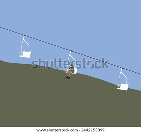 Man sitting in cable car or ski lift was going up to the top of the mountain on sunny day. Nature and sport leisure on holiday vacation.