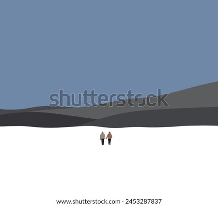 Two man walking in snow mountain and looking at night sky. People outdoors activity. Travel expedition and mountaineering sport