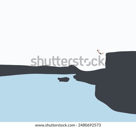 Man jumping off the cliffs and dives into the refreshing sea water. Relaxing lifestyle summer vacation. 