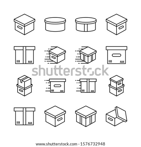 Box line icons set vector illustration. Open package, merchandise,  shiping, upload, carton, wood boxes, product. Simple outline signs for delivery service. Pixel perfect. Editable Strokes.