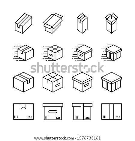 Box line icons set vector illustration. Open package, merchandise,  shiping, upload, carton, wood boxes, product. Simple outline signs for delivery service. Pixel perfect. Editable Strokes.