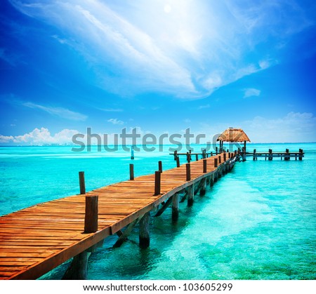 Paradise. Vacations And Tourism Concept. Tropical Resort. Jetty on Isla Mujeres, Mexico,Cancun