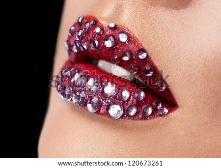 Makeup. Beautiful Professional Holiday Make-up. Sexy Lips with rhinestones.Fashion Art Jewelry. Jewellery. Jewelery
