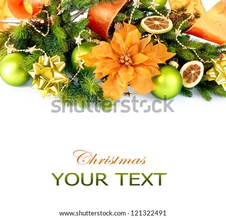 Christmas. Christmas and New Year Decorations with Baubles and Ribbon isolated on white background. Orange and Green color. Border art Holiday Design