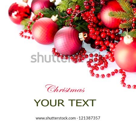 Christmas. Christmas and New Year Baubles and Decorations isolated on White Background.Holiday Border Design Composition. Red Colour