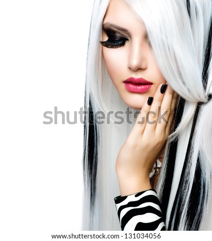 Beauty Fashion Girl black and white style. Long White Hair with Black Stripes. Smoky Eyes Makeup. Black Nails.