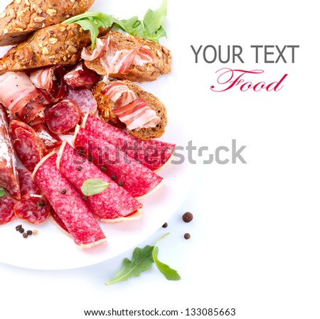 Sausage. Various Italian Ham, Salami and Bacon. Meat Food border isolated on a white background. Papperoni. Sandwich ingredients