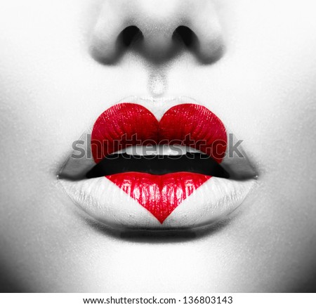 Beauty Sexy Lips with Heart Shape paint. Love Concept. Kiss