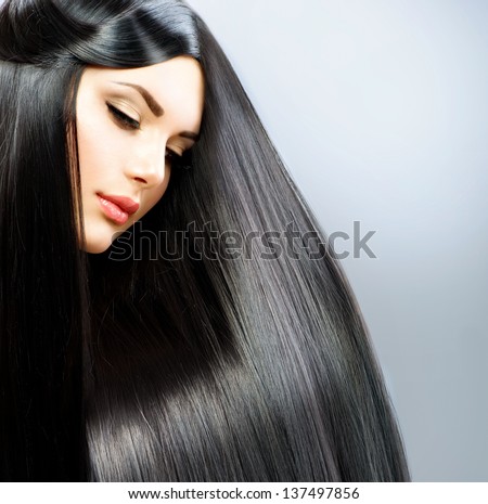 Hair. Long Straight Hair. Beautiful Brunette Girl. Healthy Black Hair. Beauty Model Woman. Hairstyle