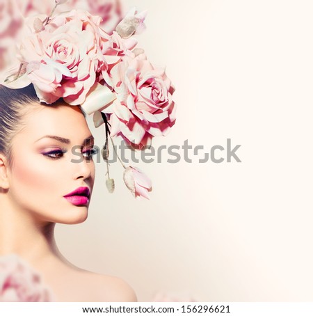 Fashion Beauty Model Girl with Flowers Hair. Bride. Perfect Creative Make up and Hair Style. Hairstyle. Bouquet of Beautiful Flowers