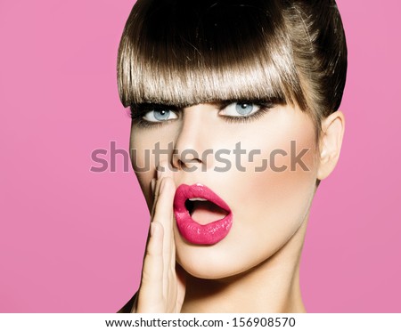 Surprised Woman with open Mouth. Pin up Girl. Make up. Beauty Woman over Pink Background. Open Mouth, Emotions