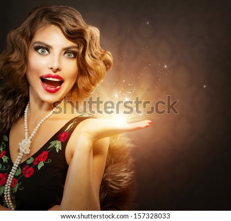 https://image.shutterstock.com/display_pic_with_logo/195826/157328033/stock-photo-retro-woman-portrait-surprised-luxury-lady-with-holiday-magic-gift-in-her-hand-miracle-light-157328033.jpg