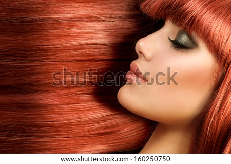 Healthy Long Straight Hair. Red Hair Model Girl Portrait. Sexy Woman Face with Long Shiny Straight Red Hair. Fringe Hairstyle. Hair Extensions
