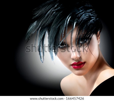 Fashion Art Girl Portrait. Punk Style Model. Vogue Style. Glamour Woman with Black Hair and Red Lips over Black Background
