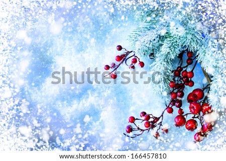 Christmas Tree and Decorations over Snow background. Winter frame