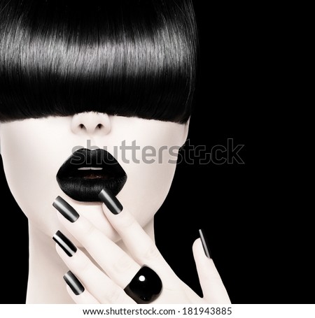 High Fashion Black and White Model Girl Portrait with Trendy Hair style, Make up and Manicure.