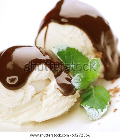 Ice cream with Chocolate topping.Dessert over white