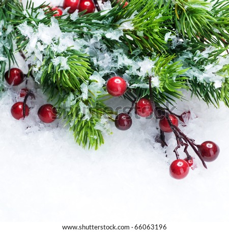 Christmas Tree and Decorations over Snow background