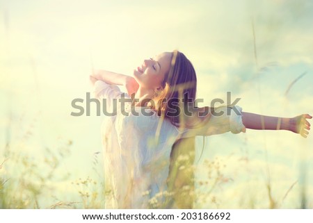 Similar – Image, Stock Photo Woman in green field woman