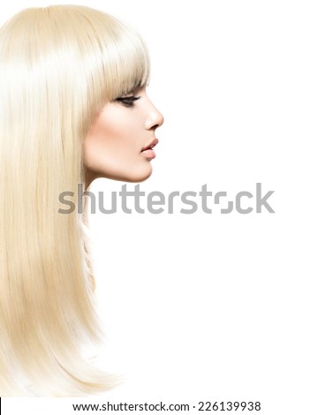 Blond Hair. Blonde Beauty girl with long smooth shiny hair. Fringe Haircut. Beautiful Girl with Healthy Long Hair. Hairstyle