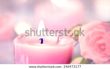 Valentine's Day. Valentine Gift. Pink Heart shaped candles and rose flowers on white wooden background. Beautiful Valentine card art design