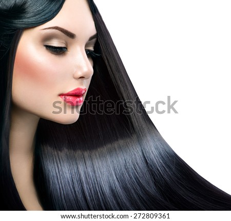 Beautiful model girl with healthy long straight shiny hair isolated on white background. Hair. Healthy Long Black Hair. Beauty Brunette Woman. Gorgeous Hair, Dyed hair
