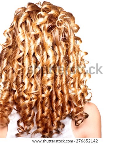 Beauty girl with blonde curly hair. Healthy and long Blond Wavy hair. Long permed hair. Beautiful young woman. Backside. Rear view. Hair perm, Hair extensions