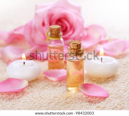 Bottles of Essential Oil for Aromatherapy . Rose Spa
