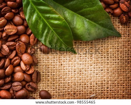 Coffee Border design. Beans and Leaf over Burlap Background