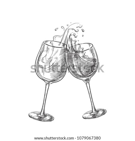 Two wine glasses with splash drinks, sketch vector illustration. Hand drawn label design elements.