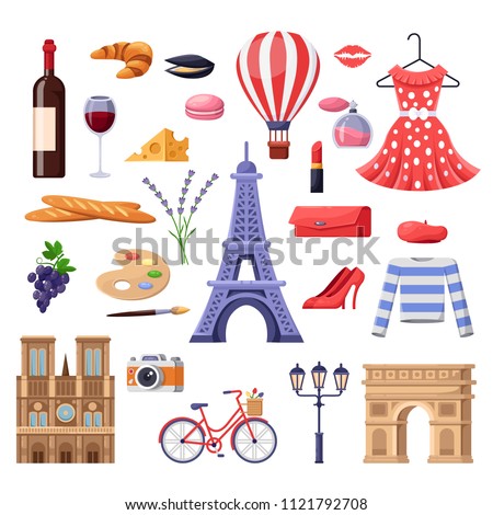 Travel to France design elements. Paris tourist landmarks, fashion and food illustration. Vector cartoon isolated icons set.