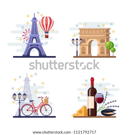 Travel to Paris vector flat illustration. City symbols, landmarks and food. France icons and design elements.