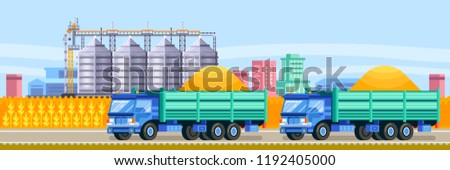 Agricultural silo trucks deliver wheat harvest to the grain storage elevator. Cereal storage and harvesting vector flat illustration.