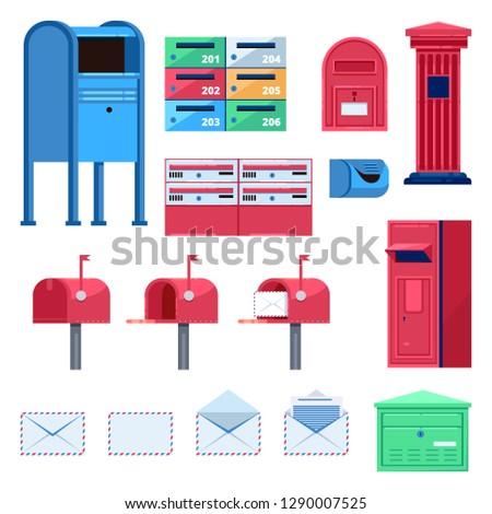 Post mailbox vector flat illustration. Letters and postboxes isolated icons.