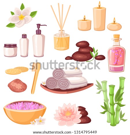 Spa massage and beauty salon icons set. Vector cartoon illustration. Body care and natural treatment concept. Natural cosmetic and bath supplies, isolated on white background.