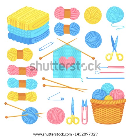 Knitting tools and wool yarn set, isolated on white background. Vector craft and handmade needlework design elements. Fashion hobby flat cartoon icons.