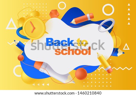 Back to school poster, banner design template. Vector 3d illustration of multicolor pencils, alarm clock, plastic geometric shapes flying around abstract white frame. Education modern background.